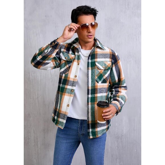 Men'sGreen/KhakiSherpa Lined Button Down Flannel Shirt Jacket Plaid Soft - Picture 3 of 7